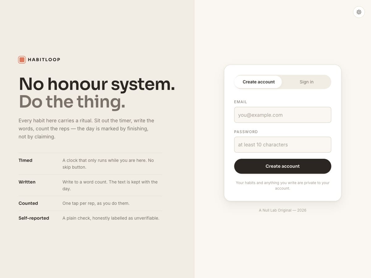 The HABITLOOP sign-in, showing its four rules beside the form