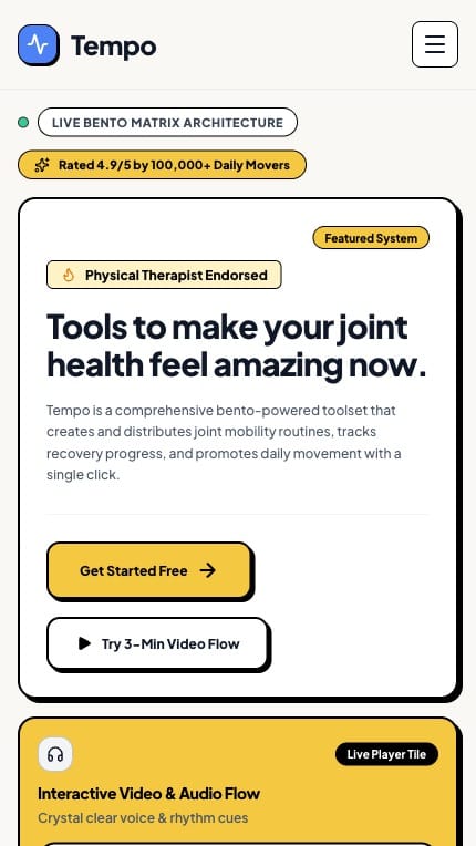 The Tempo bento layout stacked on a phone