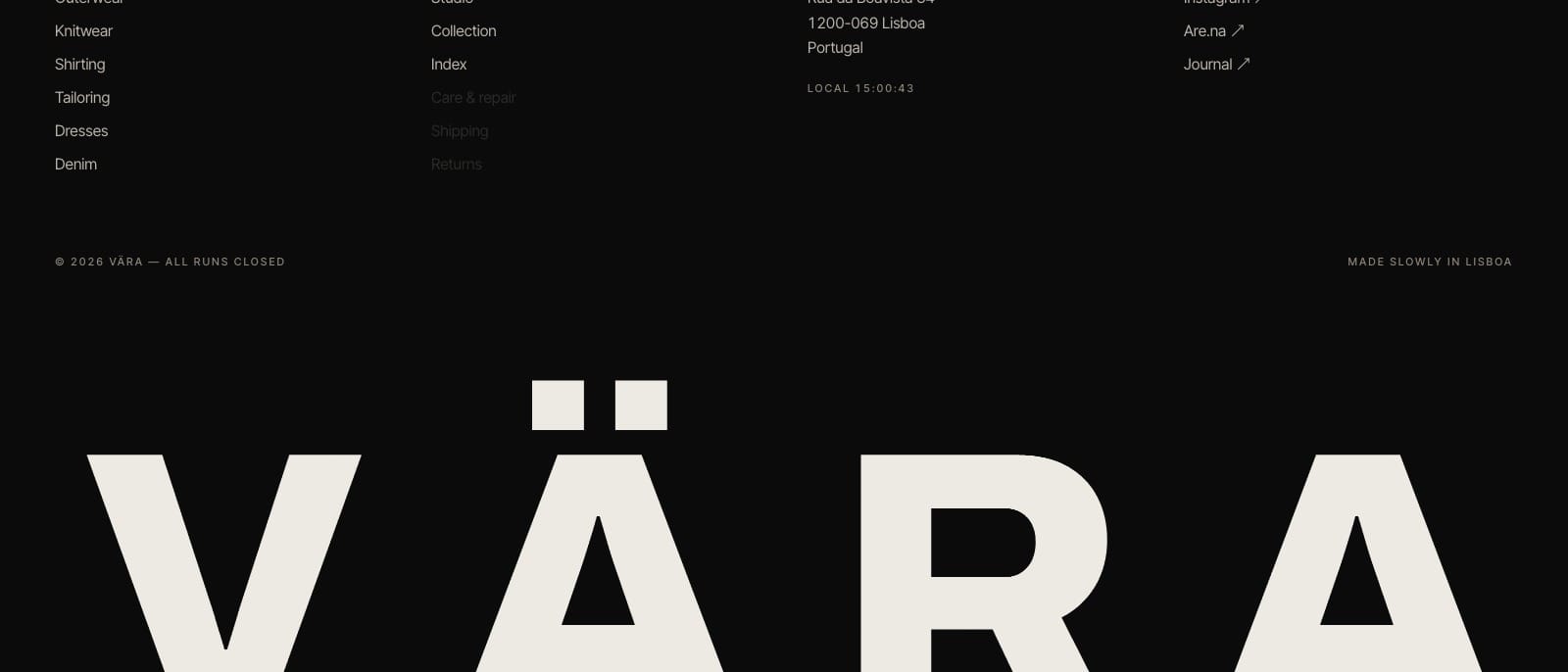 The VÄRA wordmark set as the floor of the page